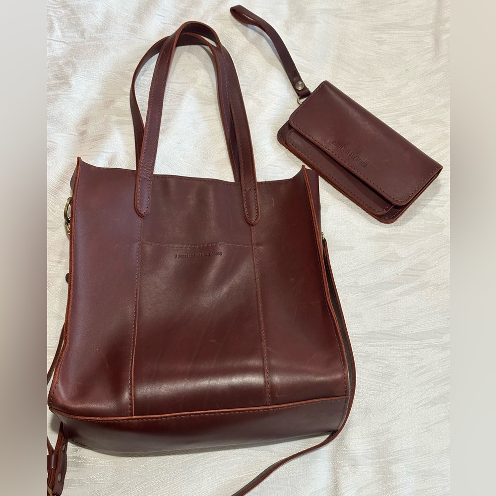 Portland leather large Lola tote and Lilly wristlet in Cognac
